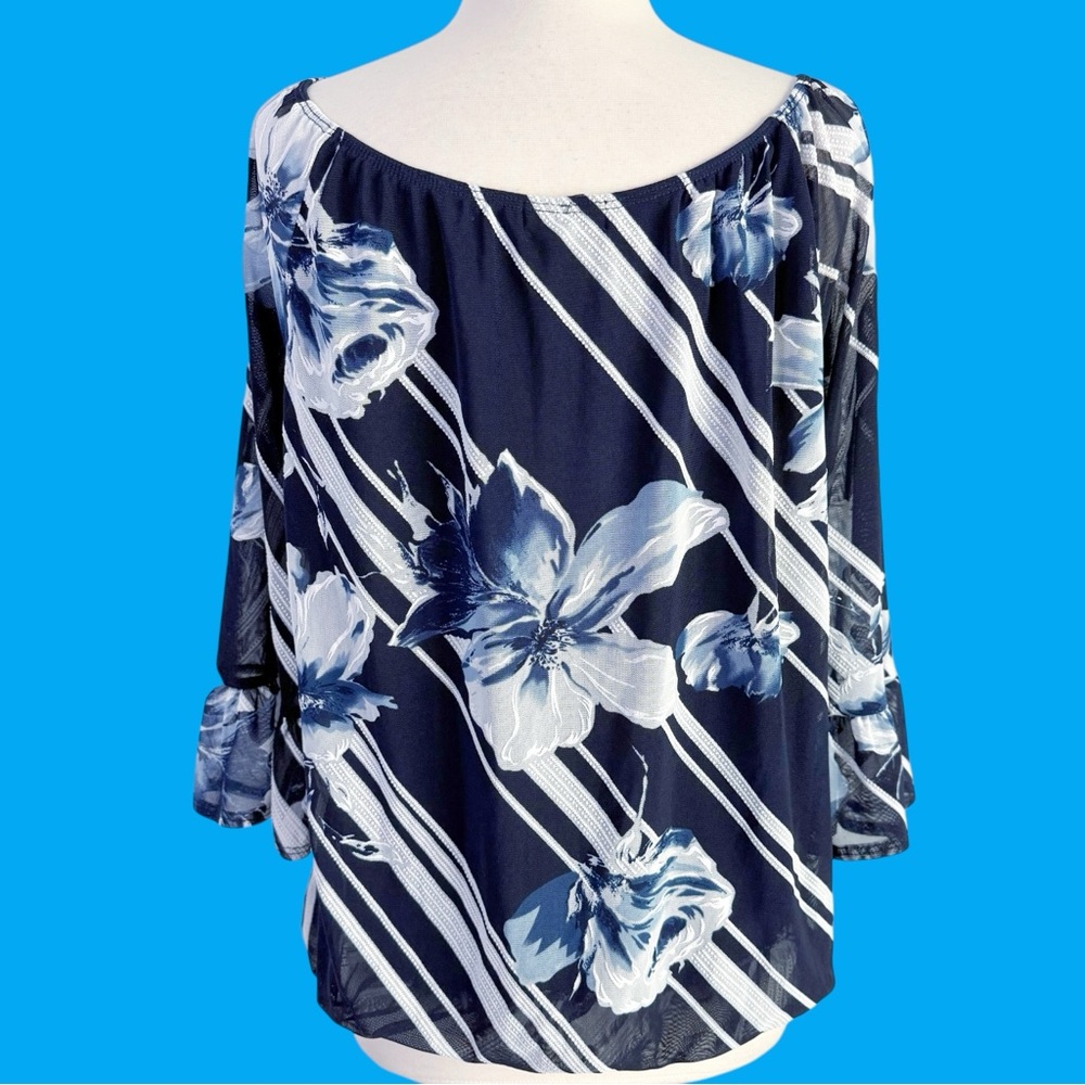 Espresso Floral 3/4 Ruffle Sleeve Pullover Chiffon Blouse Women’s XL Navy - Picture 7 of 10